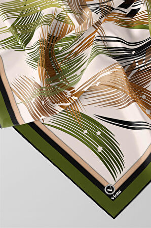 Twill Geometrik Desenli Haki - Hardal Renkli 90x90 Eşarp (İpek İçermez) Kenar Dikiş Şekli El Dikişli