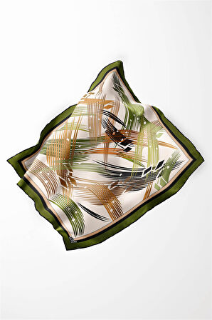 Twill Geometrik Desenli Haki - Hardal Renkli 90x90 Eşarp (İpek İçermez) Kenar Dikiş Şekli El Dikişli