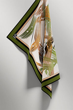 Twill Geometrik Desenli Haki - Hardal Renkli 90x90 Eşarp (İpek İçermez) Kenar Dikiş Şekli El Dikişli