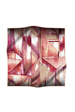 %100 Twill İpek Efektli ve Geometrik Desenli Somon - Pudra Renkli 90x90 Eşarp Dikim Şekli : El Dikişi
