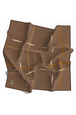 Soft Zincir Desenli Bej Renkli 90x90 Eşarp (İpek İçermez) Kenar Dikiş Şekli El Dikişli