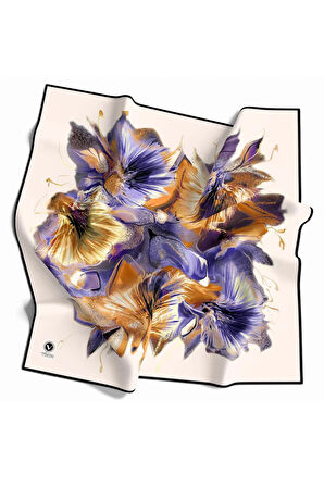 Twill Çiçek Desenli Hardal - Mor Renkli 90x90 Eşarp (İpek İçermez) Kenar Dikiş Şekli El Dikişli