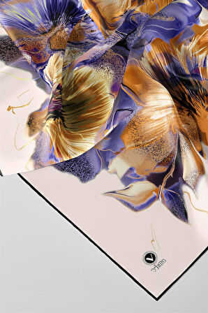 Twill Çiçek Desenli Hardal - Mor Renkli 90x90 Eşarp (İpek İçermez) Kenar Dikiş Şekli El Dikişli