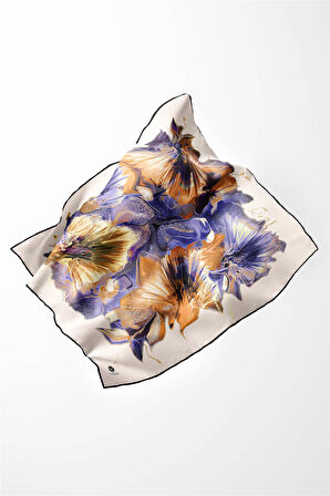 Twill Çiçek Desenli Hardal - Mor Renkli 90x90 Eşarp (İpek İçermez) Kenar Dikiş Şekli El Dikişli