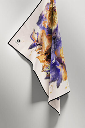 Twill Çiçek Desenli Hardal - Mor Renkli 90x90 Eşarp (İpek İçermez) Kenar Dikiş Şekli El Dikişli