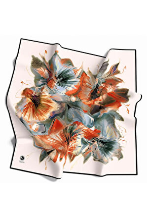 Twill Çiçek Desenli Turuncu Renkli 90x90 Eşarp (İpek İçermez) Kenar Dikiş Şekli El Dikişli