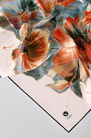 Twill Çiçek Desenli Turuncu Renkli 90x90 Eşarp (İpek İçermez) Kenar Dikiş Şekli El Dikişli