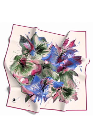 Twill Çiçek Desenli Pembe - Saks Renkli 90x90 Eşarp (İpek İçermez) Kenar Dikiş Şekli El Dikişli