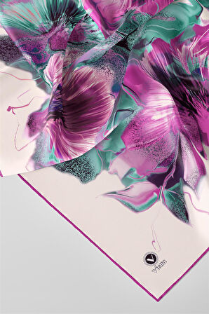 Twill Çiçek Desenli Fuşya - Mint Yeşili Renkli 90x90 Eşarp (İpek İçermez) Kenar Dikiş Şekli El Dikişli