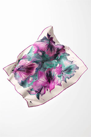Twill Çiçek Desenli Fuşya - Mint Yeşili Renkli 90x90 Eşarp (İpek İçermez) Kenar Dikiş Şekli El Dikişli