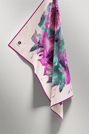 Twill Çiçek Desenli Fuşya - Mint Yeşili Renkli 90x90 Eşarp (İpek İçermez) Kenar Dikiş Şekli El Dikişli