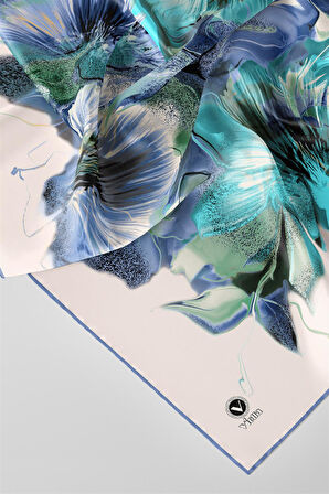 Twill Çiçek Desenli İndigo - Mint Yeşili Renkli 90x90 Eşarp (İpek İçermez) Kenar Dikiş Şekli El Dikişli