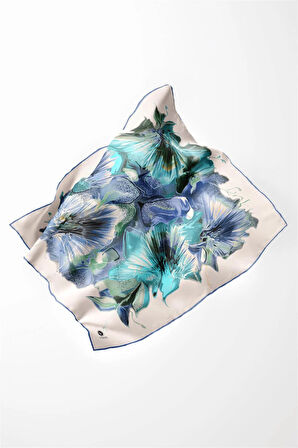 Twill Çiçek Desenli İndigo - Mint Yeşili Renkli 90x90 Eşarp (İpek İçermez) Kenar Dikiş Şekli El Dikişli