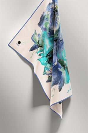 Twill Çiçek Desenli İndigo - Mint Yeşili Renkli 90x90 Eşarp (İpek İçermez) Kenar Dikiş Şekli El Dikişli