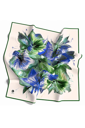 Twill Çiçek Desenli Zümrüt Yeşili - Saks Renkli 90x90 Eşarp (İpek İçermez) Kenar Dikiş Şekli El Dikişli