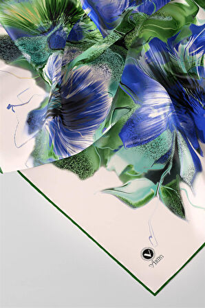 Twill Çiçek Desenli Zümrüt Yeşili - Saks Renkli 90x90 Eşarp (İpek İçermez) Kenar Dikiş Şekli El Dikişli