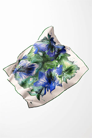 Twill Çiçek Desenli Zümrüt Yeşili - Saks Renkli 90x90 Eşarp (İpek İçermez) Kenar Dikiş Şekli El Dikişli