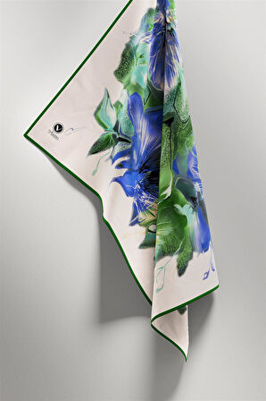 Twill Çiçek Desenli Zümrüt Yeşili - Saks Renkli 90x90 Eşarp (İpek İçermez) Kenar Dikiş Şekli El Dikişli