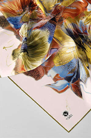 Twill Çiçek Desenli Haki - Turuncu Renkli 90x90 Eşarp (İpek İçermez) Kenar Dikiş Şekli El Dikişli