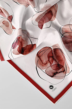 Twill Sulu Boya Geometrik Desenli Bordo Renkli 90x90 Eşarp (İpek İçermez) Kenar Dikiş Şekli El Dikişli