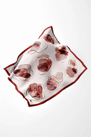 Twill Sulu Boya Geometrik Desenli Bordo Renkli 90x90 Eşarp (İpek İçermez) Kenar Dikiş Şekli El Dikişli