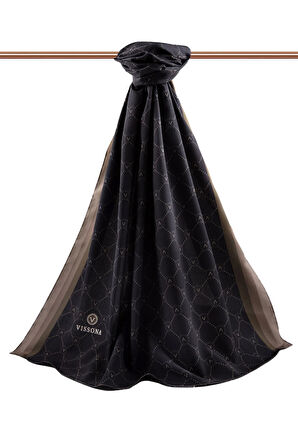 LÜKS MEDİNE İPEĞİ MONOGRAM DESENLİ SİYAH - TAŞ RENKLİ 75X195 KIRIŞMAZ ŞAL MOSS KREP DİKİŞ TİPİ İTALYAN DİKİŞLİ