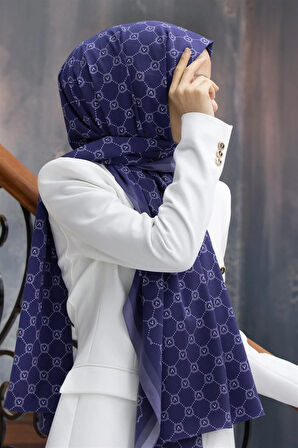 LÜKS MEDİNE İPEĞİ MONOGRAM DESENLİ LACİVERT - BUZ MAVİSİ RENKLİ 75X195 KIRIŞMAZ ŞAL MOSS KREP DİKİŞ TİPİ İTALYAN DİKİŞLİ