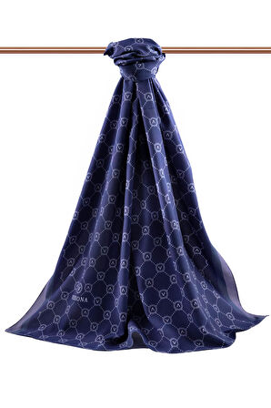 LÜKS MEDİNE İPEĞİ MONOGRAM DESENLİ LACİVERT - BUZ MAVİSİ RENKLİ 75X195 KIRIŞMAZ ŞAL MOSS KREP DİKİŞ TİPİ İTALYAN DİKİŞLİ