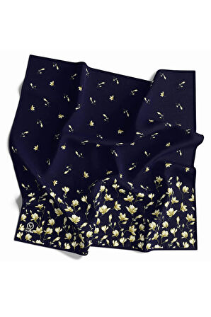 Kristal Çıtır Çiçek Desenli Lacivert Renkli 90x90 Eşarp (İpek İçermez) Kenar Dikiş Şekli El Dikişli