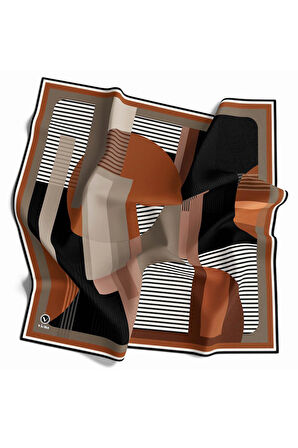 Twill Çizgili Ve Geometrik Desenli Taba Renkli 90x90 Eşarp (İpek İçermez) Kenar Dikiş Şekli El Dikişli