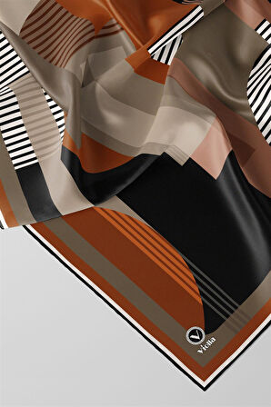 Twill Çizgili Ve Geometrik Desenli Taba Renkli 90x90 Eşarp (İpek İçermez) Kenar Dikiş Şekli El Dikişli