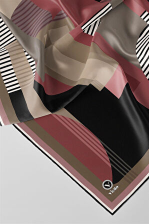 Twill Çizgili Ve Geometrik Desenli Pudra Renkli 90x90 Eşarp (İpek İçermez) Kenar Dikiş Şekli El Dikişli