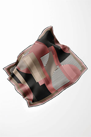 Twill Çizgili Ve Geometrik Desenli Pudra Renkli 90x90 Eşarp (İpek İçermez) Kenar Dikiş Şekli El Dikişli