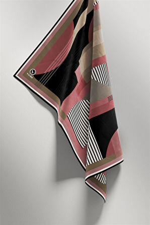 Twill Çizgili Ve Geometrik Desenli Pudra Renkli 90x90 Eşarp (İpek İçermez) Kenar Dikiş Şekli El Dikişli