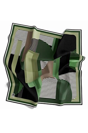 Twill Çizgili Ve Geometrik Desenli Zümrüt Yeşili Renkli 90x90 Eşarp (İpek İçermez) Kenar Dikiş Şekli El Dikişli