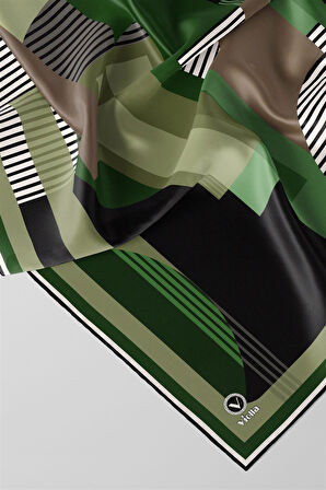 Twill Çizgili Ve Geometrik Desenli Zümrüt Yeşili Renkli 90x90 Eşarp (İpek İçermez) Kenar Dikiş Şekli El Dikişli