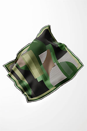 Twill Çizgili Ve Geometrik Desenli Zümrüt Yeşili Renkli 90x90 Eşarp (İpek İçermez) Kenar Dikiş Şekli El Dikişli