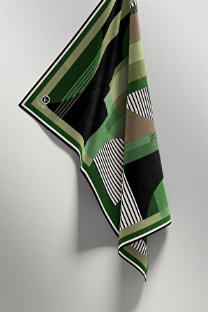 Twill Çizgili Ve Geometrik Desenli Zümrüt Yeşili Renkli 90x90 Eşarp (İpek İçermez) Kenar Dikiş Şekli El Dikişli