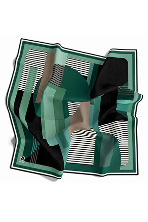 Twill Çizgili Ve Geometrik Desenli  Petrol Yeşili Renkli 90x90 Eşarp (İpek İçermez) Kenar Dikiş Şekli El Dikişli