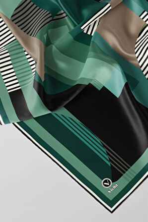 Twill Çizgili Ve Geometrik Desenli  Petrol Yeşili Renkli 90x90 Eşarp (İpek İçermez) Kenar Dikiş Şekli El Dikişli