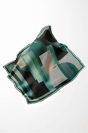 Twill Çizgili Ve Geometrik Desenli  Petrol Yeşili Renkli 90x90 Eşarp (İpek İçermez) Kenar Dikiş Şekli El Dikişli