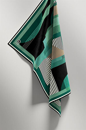 Twill Çizgili Ve Geometrik Desenli  Petrol Yeşili Renkli 90x90 Eşarp (İpek İçermez) Kenar Dikiş Şekli El Dikişli