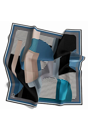 Twill Çizgili Ve Geometrik Desenli  Petrol Mavisi Renkli 90x90 Eşarp (İpek İçermez) Kenar Dikiş Şekli El Dikişli