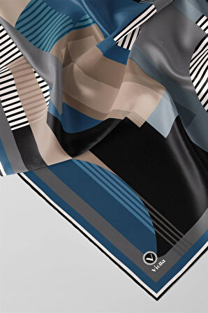 Twill Çizgili Ve Geometrik Desenli  Petrol Mavisi Renkli 90x90 Eşarp (İpek İçermez) Kenar Dikiş Şekli El Dikişli