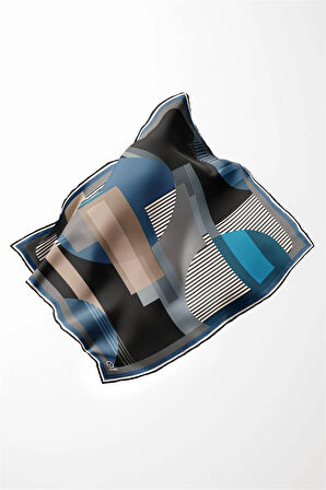 Twill Çizgili Ve Geometrik Desenli  Petrol Mavisi Renkli 90x90 Eşarp (İpek İçermez) Kenar Dikiş Şekli El Dikişli