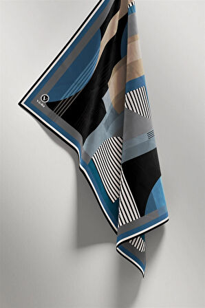 Twill Çizgili Ve Geometrik Desenli  Petrol Mavisi Renkli 90x90 Eşarp (İpek İçermez) Kenar Dikiş Şekli El Dikişli