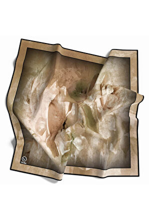 Twill Sulu Boyalı Çiçek Desenli Bej Renkli 90x90 Eşarp (İpek İçermez) Kenar Dikiş Şekli El Dikişli