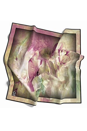 Twill Sulu Boyalı Çiçek Desenli Pembe Renkli 90x90 Eşarp (İpek İçermez) Kenar Dikiş Şekli El Dikişli