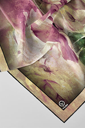 Twill Sulu Boyalı Çiçek Desenli Pembe Renkli 90x90 Eşarp (İpek İçermez) Kenar Dikiş Şekli El Dikişli
