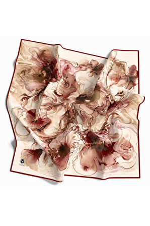 Twill Soyut Desenli Bordo Renkli 90x90 Eşarp (İpek İçermez) Kenar Dikiş Şekli El Dikişli